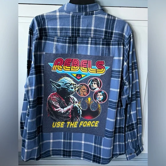 Upcycled REBELS USE THE FORCE Star Wars Tee On Perry Ellis Flannel Shirt Size L - Picture 1 of 6